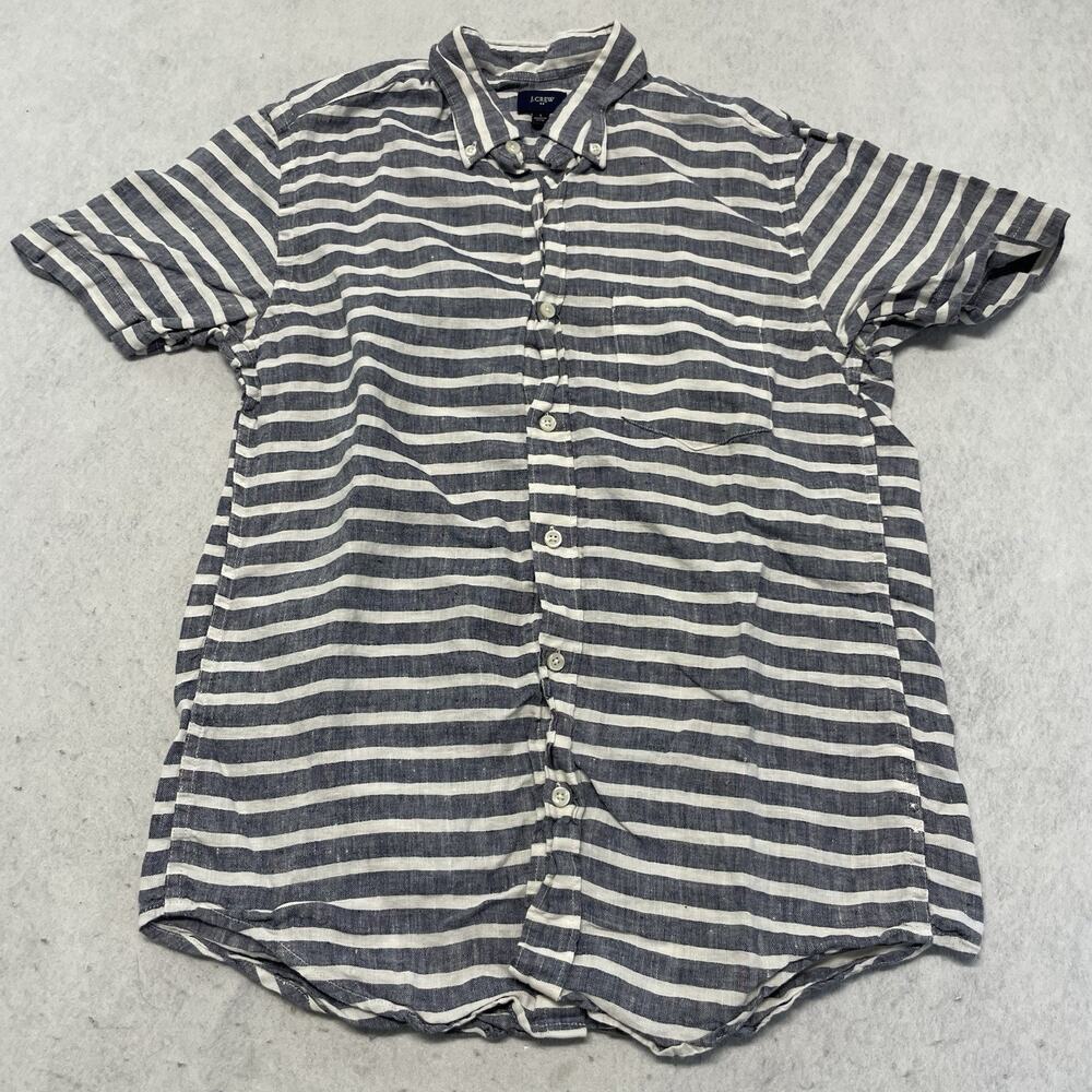 J. CREW Shirt Mens S Gray Striped 100% Linen Button Down Short Sleeve C1953